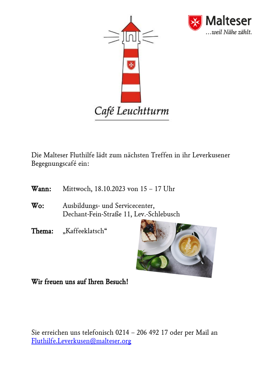 Cafe Leuchtturm - Aushang Kaffeeklatsch am 18. Oktober 2023 // Grafik: Maltesa Leverkusen